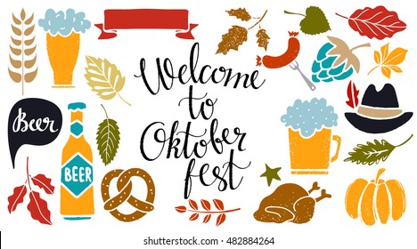 Oktoberfest set. Food and drink, ribbon, hat. Welcome Oktoberfest handwritten text. Isolated on white background