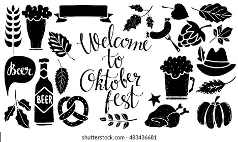 Oktoberfest set. Food and drink, ribbon, hat. Welcome Oktoberfest handwritten text. Isolated on white background