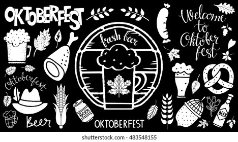 Oktoberfest set. Food and drink, ribbon, hat. Welcome Oktoberfest, Beer, Oktoberfest handwritten text. Isolated on balck background