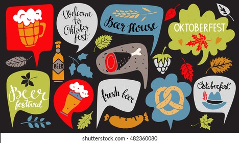 Oktoberfest set. Food and drink, speech bubbles, leaves, hat. Welcome Oktoberfest, Beer Festival, Fresh Beer, Beer House handwritten text. Isolated on black background