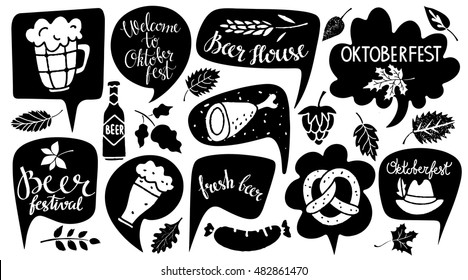 Oktoberfest set. Food and drink, speech bubbles, leaves, hat. Welcome Oktoberfest, Beer Festival, Fresh Beer, Beer House handwritten text. Isolated on white background