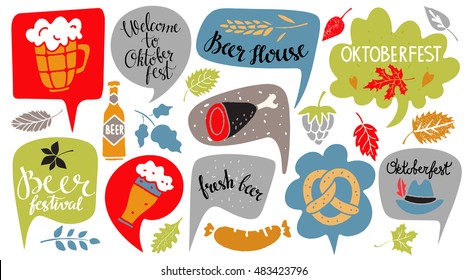 Oktoberfest set. Food and drink, speech bubbles, leaves, hat. Welcome Oktoberfest, Beer Festival, Fresh Beer, Beer House handwritten text. Isolated on white background