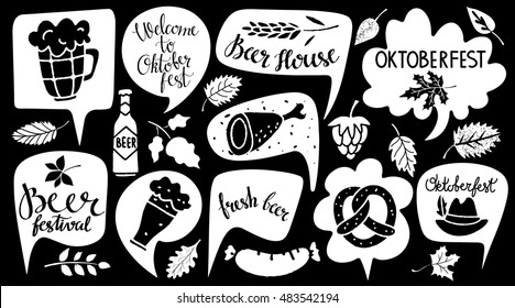 Oktoberfest set. Food and drink, speech bubbles, leaves, hat. Welcome Oktoberfest, Beer Festival, Fresh Beer, Beer House handwritten text. Isolated on black background