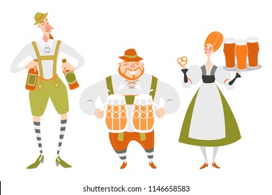 Oktoberfest set of funny cartoon characters in Bavarian costumes. People with beer on a white background. 