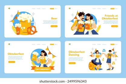 Oktoberfest set. German festival celebration with beer, pretzels, dancing, and camaraderie. Lively traditions and cultural outfits. Vector illustration.