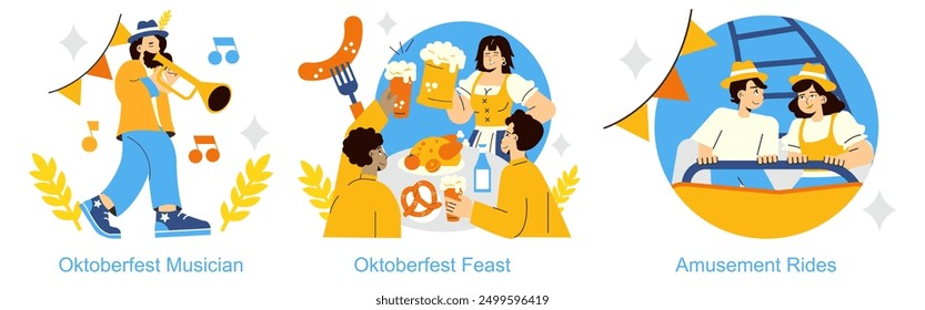 Oktoberfest set. German festival celebration with musician, feasting, and amusement rides. Cultural event enjoyment scenes. Vector illustration.