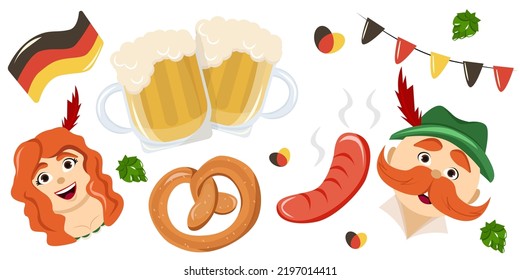 Oktoberfest set. German themed stickers. Sausage, flags, pretzel, beer, hops
