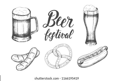 Oktoberfest set with hand drawn beer glass, pretzel, sausage and hod dog. Hand made lettering. Sketch. Oktoberfest objects for menu, poster, banner, flyer, brochure, web, advertising 