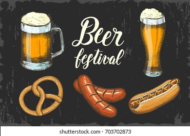 Oktoberfest set with hand drawn beer, pretzel, sausage and hod dog. Hand made lettering. Sketch. Oktoberfest objects for menu, poster, banner, flyer, brochure, web, advertising 