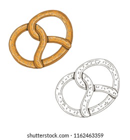 Oktoberfest set of hand drawn colored and monochrome pretzel isolated on white. Beer festival. Vector. Sketch, engraving