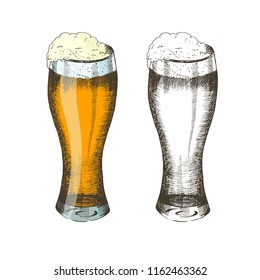 Oktoberfest set of hand drawn colored and doodle glass of beer isolated on white. Beer festival. Vector. Sketch, engraving