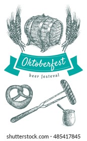 Oktoberfest set illustration. Vector illustration of beer and snack products.