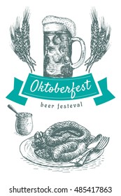Oktoberfest set illustration. Vector illustration of beer and snack products.