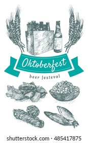 Oktoberfest set illustration. Vector illustration of beer and snack products.