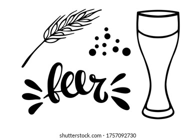Oktoberfest set. Linear empty beer glass, beer lettering, spike, bubbles. Oktoberfest festival. Hand drawn Monochrome illustration. Black vector sketch on white. For menu, poster, party decor