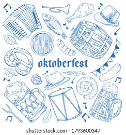 Oktoberfest-Set. Becher, Essen, Musikinstrumente. Handgezeichnete Vektorgrafik, einzelne Illustration