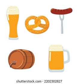 Oktoberfest set with pint of beer, pretzel, barrel and grilled sausage in flat doodle style. Isolated hand drawn vector illustrations for banners, posters, flyers