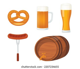 Oktoberfest set with pint of beer, pretzel, barrel and grilled sausage in realistic detailed style. Isolated hand drawn vector illustrations for banners, posters, flyers