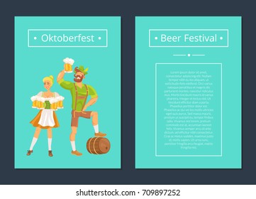 Oktoberfest set of posters depicting bearded man and blonde woman holding beer. Vector illustration of people dressed in traditional german clothing