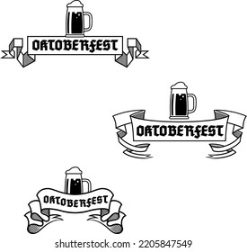 Oktoberfest - set of ribbons with beer mug, black and white. Background design element, banner, icon for festival, party.