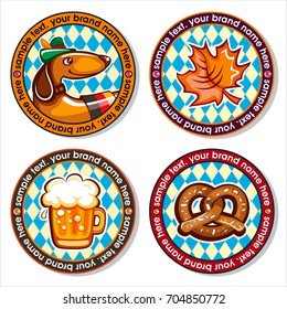 El Oktoberfest es un conjunto de galletas redondas para tomar cerveza y otras bebidas. Sombrero de cervecería de Munich, Vidrio de cerveza, perro dachshund con bandera alemana, pretzels, patrón bávaro. Iconos vectoriales en fondo blanco