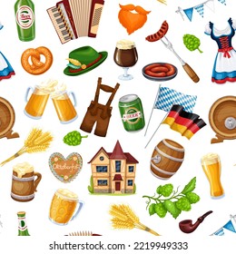 Oktoberfest set seamless pattern vector illustration. Cartoon isolated Oktoberfest festival elements with beer in glass bottle and wooden barrel, mug and can, fest sausages, German flag and costumes