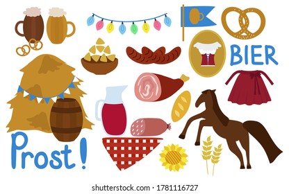 Oktoberfest. Set von Vektorelementen für die Gestaltung und Gestaltung von Feiertagen.  Bier, Wurst, Schweineknuckel, Garland, Pferd, Brezel."Prost!"- das ist "Hooray!", "Bier" ist "Bier" auf Deutsch