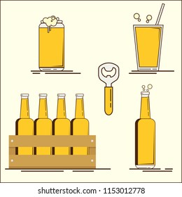 Oktoberfest. Set of vector flat beer icons. Beer bottle, can, glass, pint. Vector flat illustration. Simple set of beer icons of oktoberfest and minimal flat vector illustration. 
