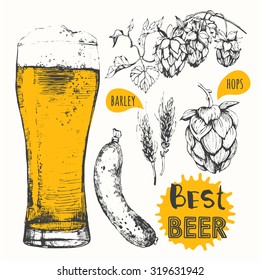 Oktoberfest set. Vector illustration of beer and sausages. Raw material for brewing: branch of hops and ears of barley. Pub menu.