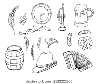 Oktoberfest set of wooden barrel, Bavarian hat, accordion, trumpet black white linear vector illustration isolated. Pretzel, beer mug, hop cones and wheat ear contour painted by ink for design banner.