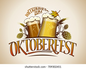 Oktoberfest sign or logo design with glasses of beer and hop