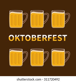 Oktoberfest Six beer glass mug with foam cap froth bubble. Flat design Vector illustration