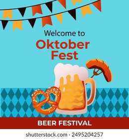 Oktoberfest square banner. Beer festival.Vector background in flat style