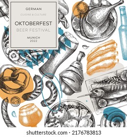 Plantilla de volante cuadrado de Oktoberfest. Diseño del menú de comida y bebida alemán en estilo collage. Esbozos de carne vectorial. Pancarta de cocina alemana. Popular ilustración del festival de cerveza. Fondo del Oktoberfest