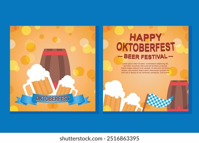 Oktoberfest cuadrado de medios sociales post colección Plantilla. Elementos de salchichas a la parrilla, trigo y cerveza, azul y blanco a cuadros bandera. y Elementos de diseño de estilo retro