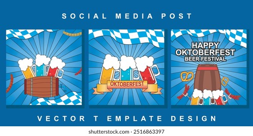 Oktoberfest quadrado social media post coleção modelo. elementos de salsicha grelhada, trigo e cerveja, azul e branco xadrez bandeira. e retro estilo design elementos