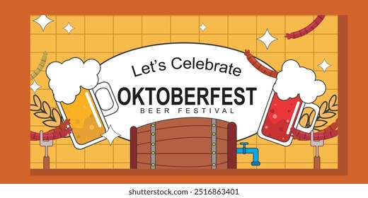 Oktoberfest Quadrat Social Media Post Kollektion Vorlage. Elemente aus gegrillter Wurst, Weizen und Bier, blau-weiß karierte Flagge. und Retro-Design-Elemente