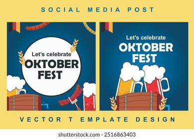 Oktoberfest quadrado social media post coleção modelo. elementos de salsicha grelhada, trigo e cerveja, azul e branco xadrez bandeira. e retro estilo design elementos