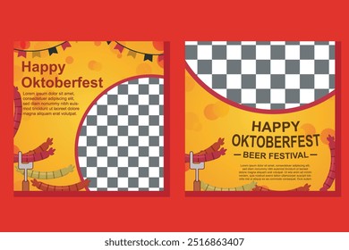 Oktoberfest Quadrat Social Media Post Kollektion Vorlage. Elemente aus gegrillter Wurst, Weizen und Bier, blau-weiß karierte Flagge. und Retro-Design-Elemente