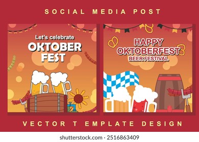 Oktoberfest cuadrado de medios sociales post colección Plantilla. Elementos de salchichas a la parrilla, trigo y cerveza, azul y blanco a cuadros bandera. y Elementos de diseño de estilo retro