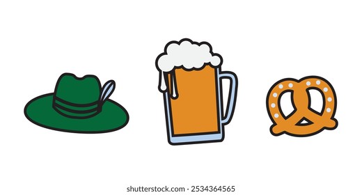 Oktoberfest sticker set, beer, pretzel and alpine hat, vector design elements