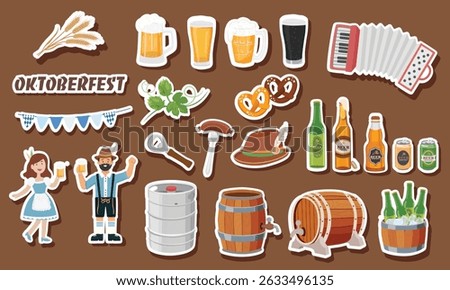 Oktoberfest sticker vector set. Traditional beer festival clipart. Oktoberfest element with man and woman in traditional bavarian costume, barrel, keg, bottle, can of beer, accordion, , hop.