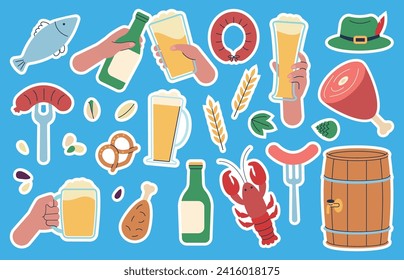 Oktoberfest stickers. Beer party badges, traditional german fest elements. Craft drinks, brewery and tasty food. Weekend meeting, decent vector set