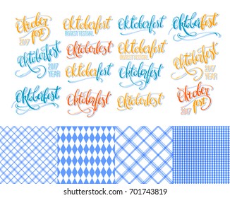 Oktoberfest stickers hand lettering, brush pen calligraphy inscriptions set with shadow and contour for banners and logo design. Colorful word Oktoberfest collection. Native Bavarian patterns