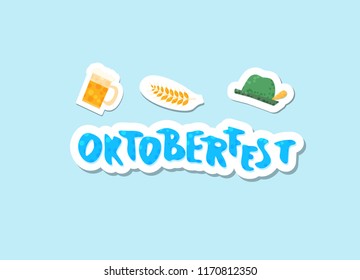 Oktoberfest stickers lettering composition. Handwritten text with  beer mug decoration. Vector illustration.