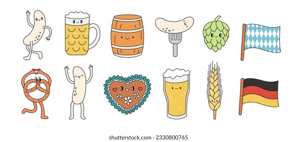 Oktoberfest stickers set. Fun food and beer characters in y2k style