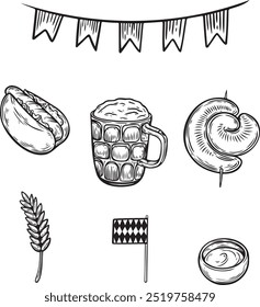 Oktoberfest street food line drawing vector collection isolated on white background. Beer and bratwurst german street food engraved vector illustration set.