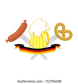 Oktoberfest symbol of beer, sausage and pretzel. Sign National Holiday of beer in Germany. Alcohol and cracker
