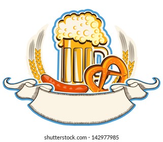 oktoberfest symbol with beer and traditional food and scroll background  isolated on white