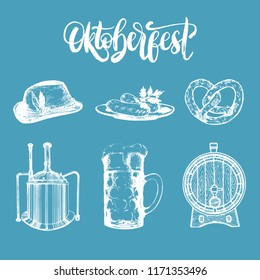 Oktoberfest symbols collection for beer festival flyer, poster. Vector drawn illustrations of glass mug, pretzel, barrel, Bavarian hat, kettle, sausages and text in handwritten font for brewery label.